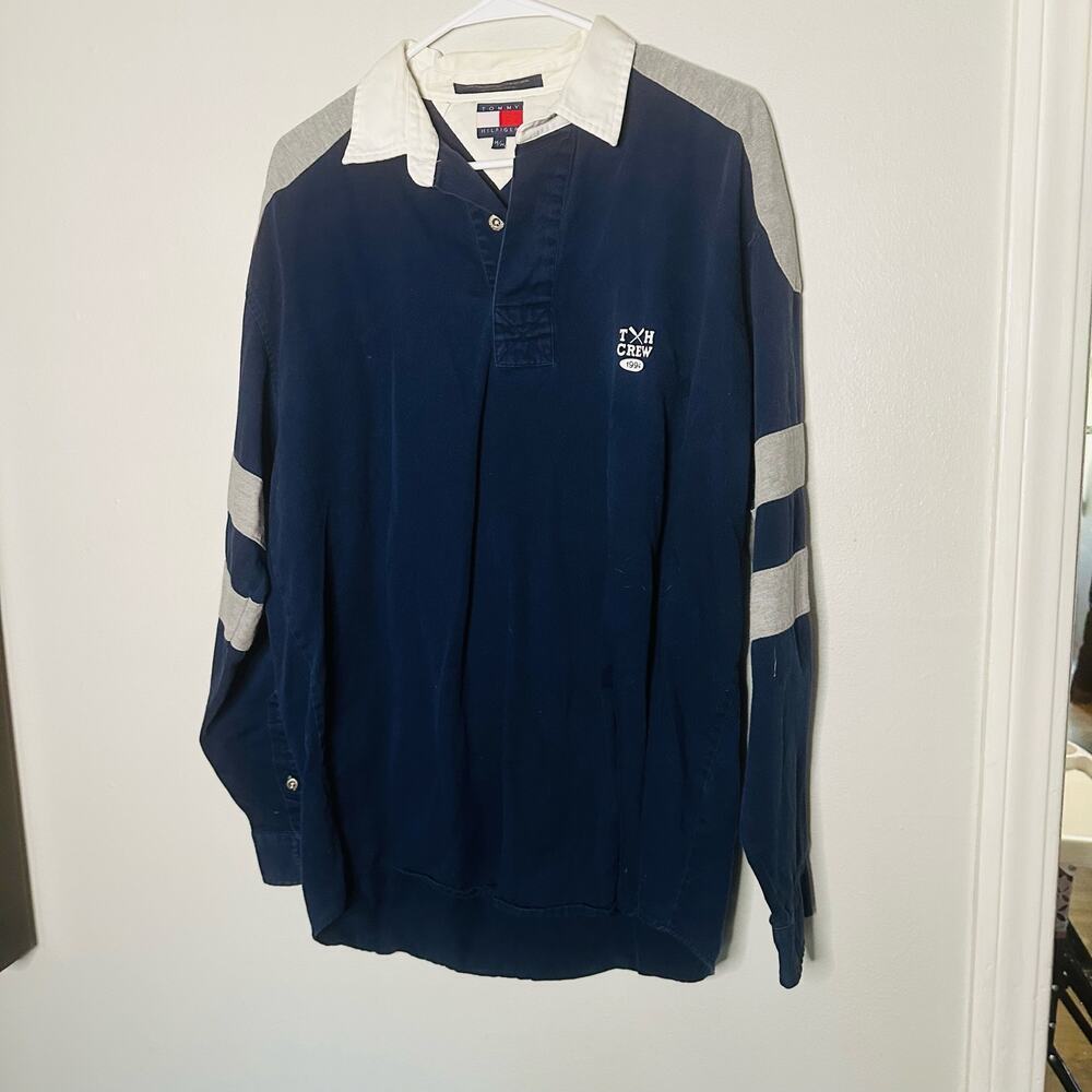 Vintage Tommy Hilfiger Navy Rugby Style Collared Crew Neck Shirt size Medium
